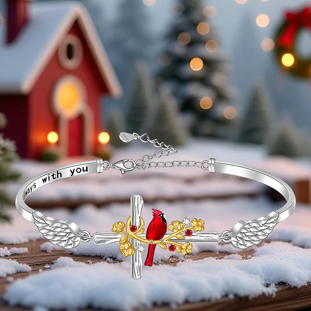 Fenthring Red Cardinal Gifts Cross Cardinal Bracelet for Women Sterling Silver Heart Angel Wing Bracelets Memorial Sympathy Charms Bird Christmas Jewelry - Image 7