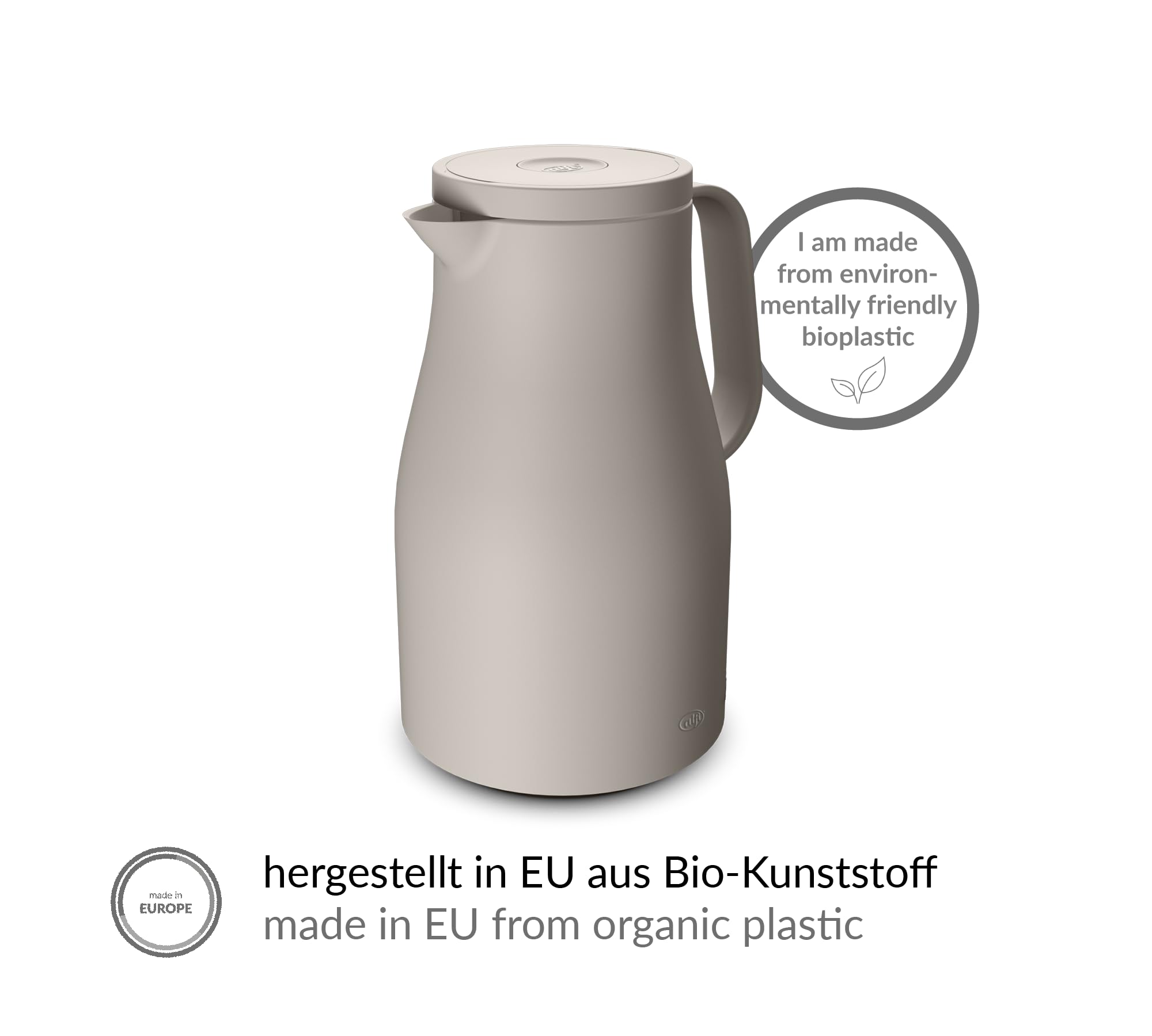 alfi ECONSCIOUS - Jarra térmica (1,0 l, con cristal templado higiénico, cierre de rosca con botón de presión, verter con una mano, ideal como cafetera, tetera y tetera, 1,0 l), color beige | Termo frío 24 h para café y té, tapa de rosca con botón pulsador