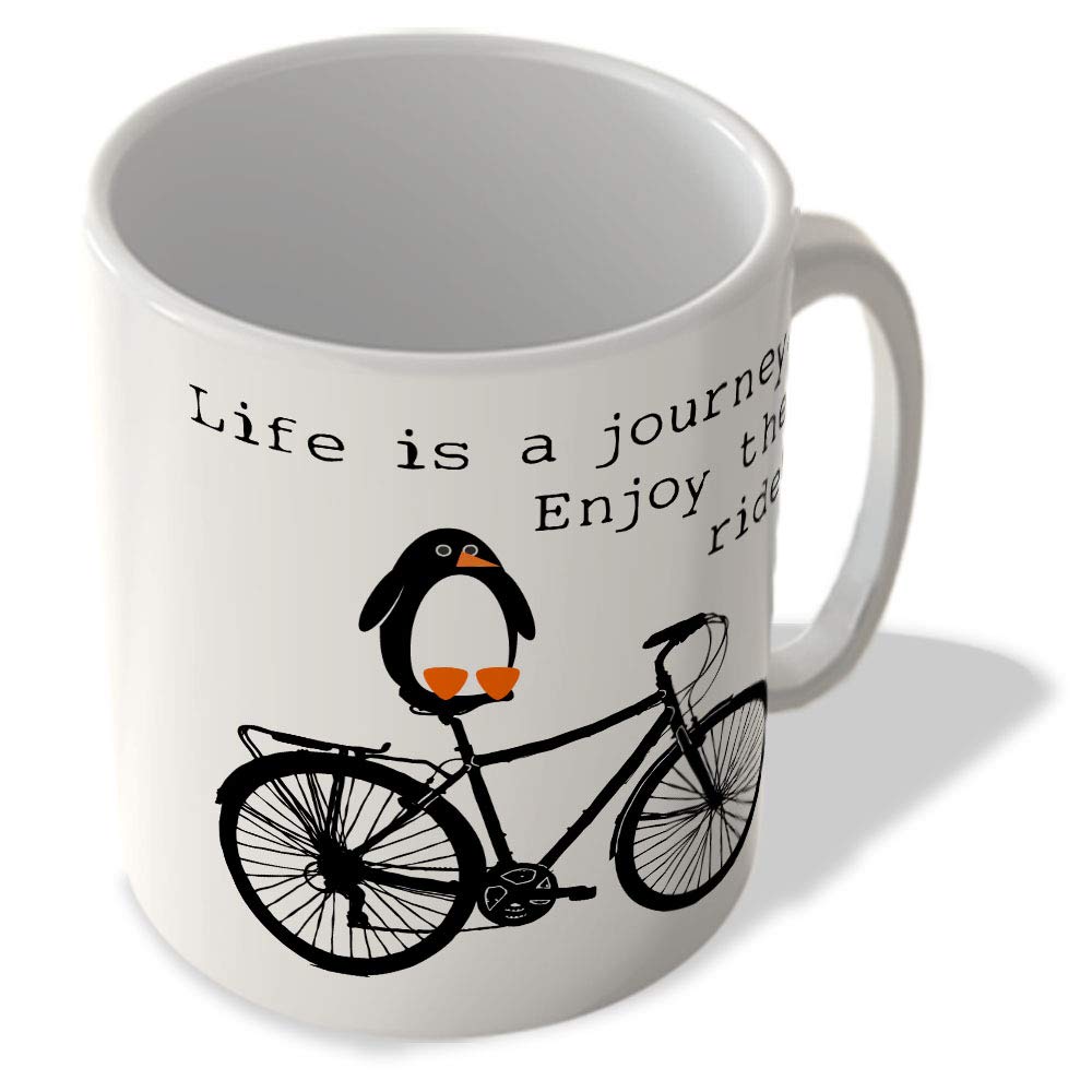 Mcmug White - Life Is A Journey, Enjoy The Ride! - Penguin On Bicycle - Mug, Ceramic, 11Fl.oz.