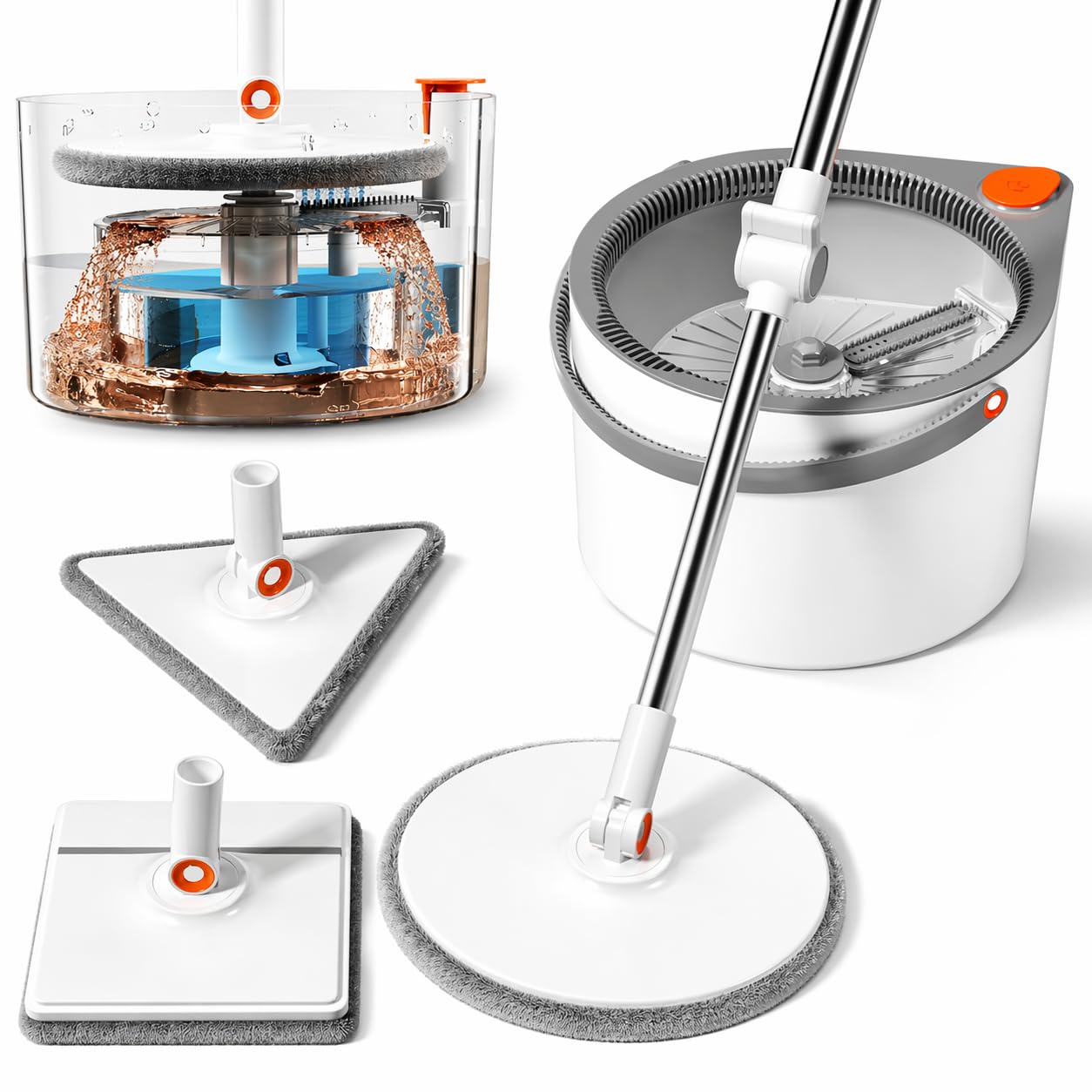 Wischmopp-Set mit Eimer, Hände-freie Selbstreinigung, Metallkonstruktion, 3 Moppaufsätze (Flachmopp, Eckreiniger, Hochleistungsmopp)