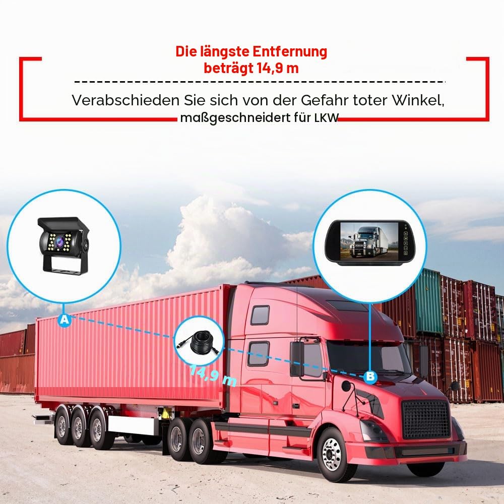 17,8cm Rückspiegel-Monitor LKW Wohnwagen mit Nachtsicht Rückfahrkamera | 12V-24V 7 Zoll LCD HD Farbmonitor，Anhänger Wohnmobil 4-polig robuste 18LEDs wasserdicht Backup Kamera mit 10m Luftfahrt Kabel