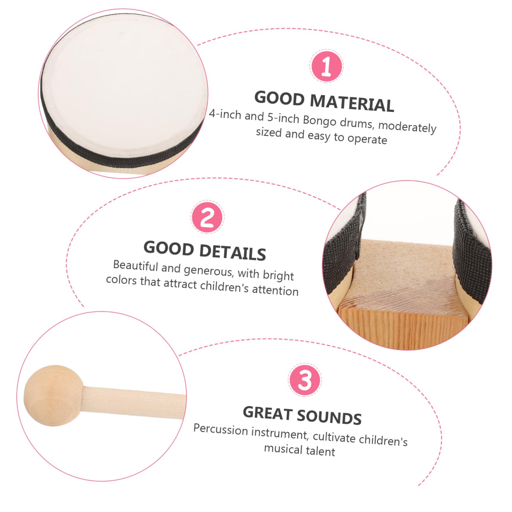 Bongó de Percusión de Madera Beige para Educación Temprana, 4 y 5 Pulgadas