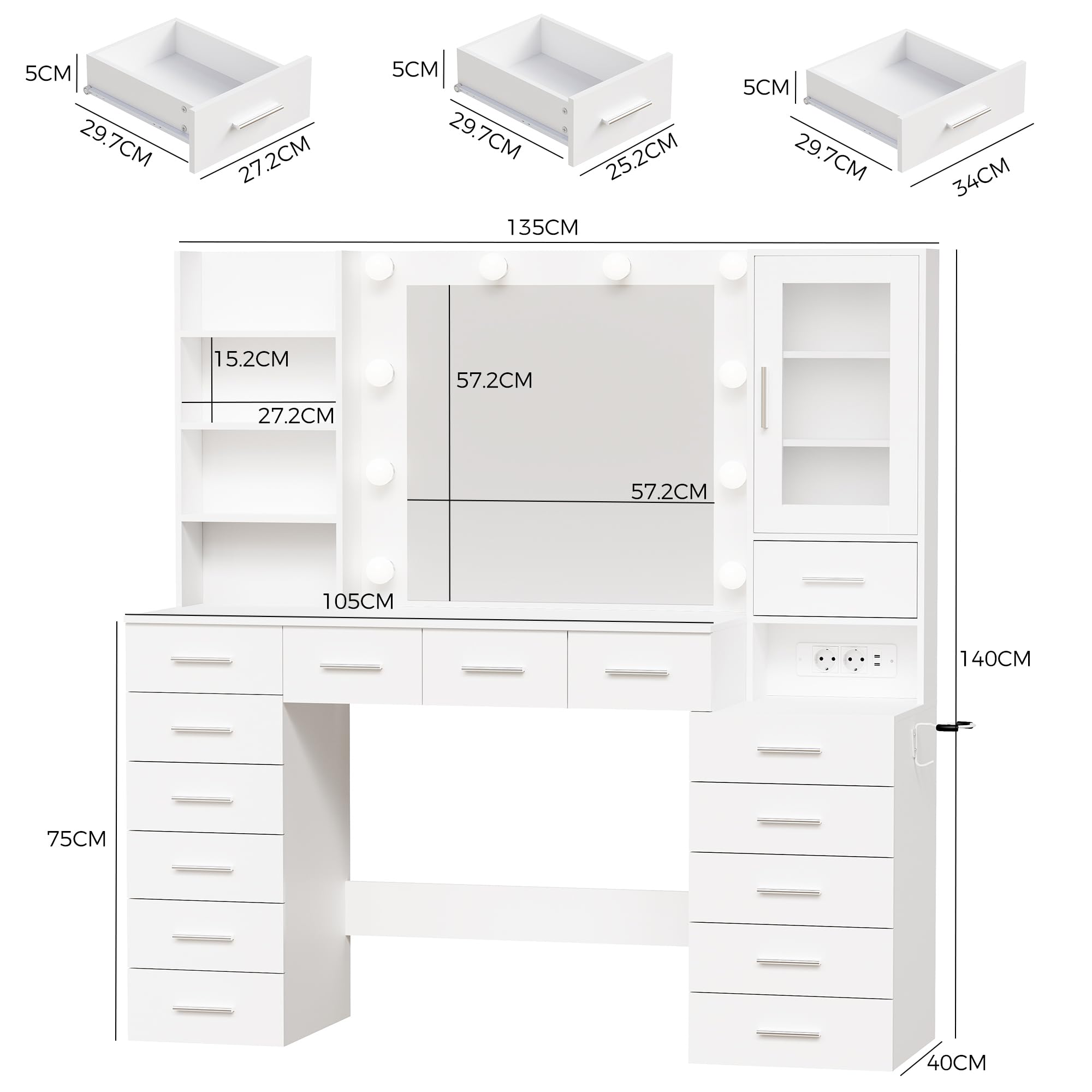 ANWBROAD Grande Tocador con luz LED, Brillo Regulable,Tocador de Maquillaje con Espejo y Enchufes, Mesa de Maquillaje con 15 cajones y 7 Estantes Abiertos para Dormitorio,Blanco Moderno BDT37W