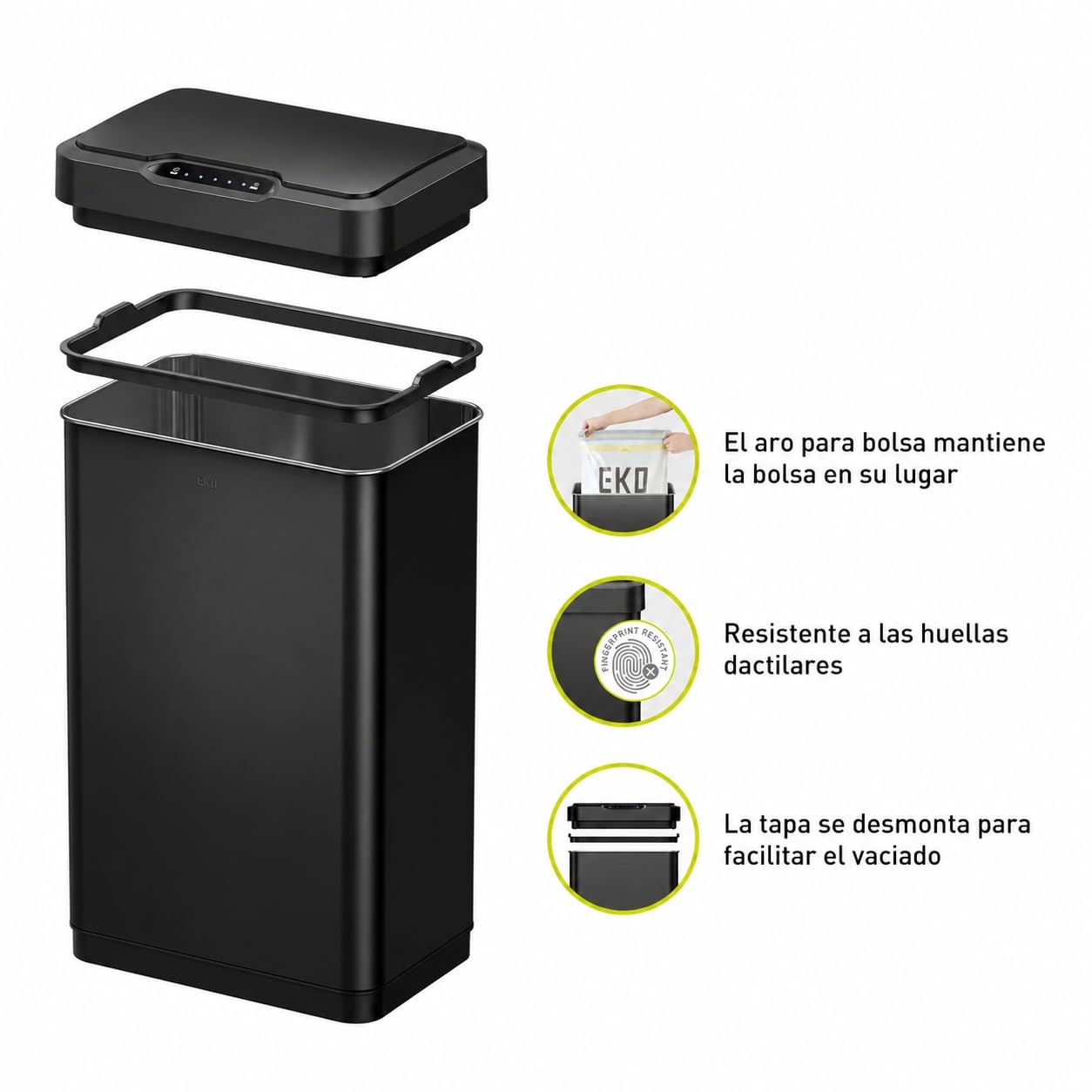 EKO Mirage-T - Cubo de basura rectangular con sensor de movimiento sin contacto de 50 litros/13.2 galones, acabado de acero inoxidable cepillado (negro mate)