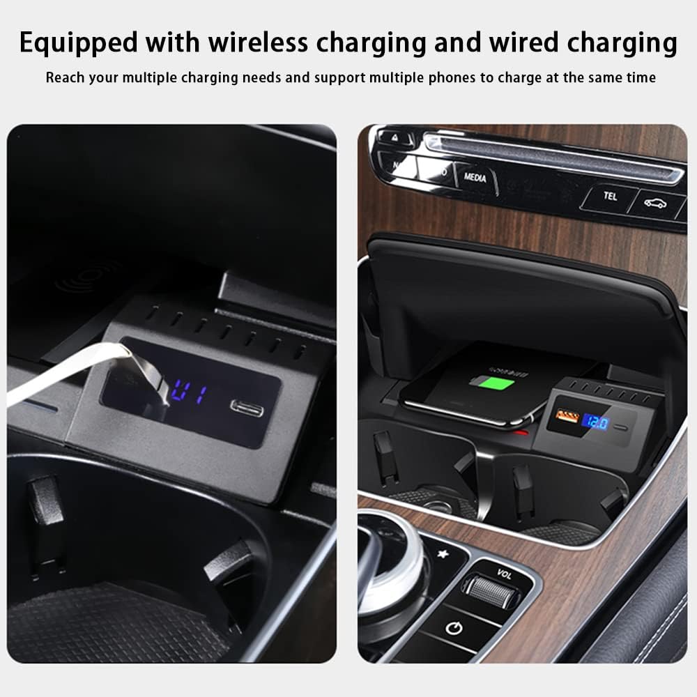 Wireless Car Charger Fit for Mercedes-Benz C/GLC/AMG Series 2022-2015 C180/C200/C260/C300/GLC200/GLC300,15W Wireless Charging Panel,QC3.0 Charging Port, Multiple Phones Owner(All Qi Phones)