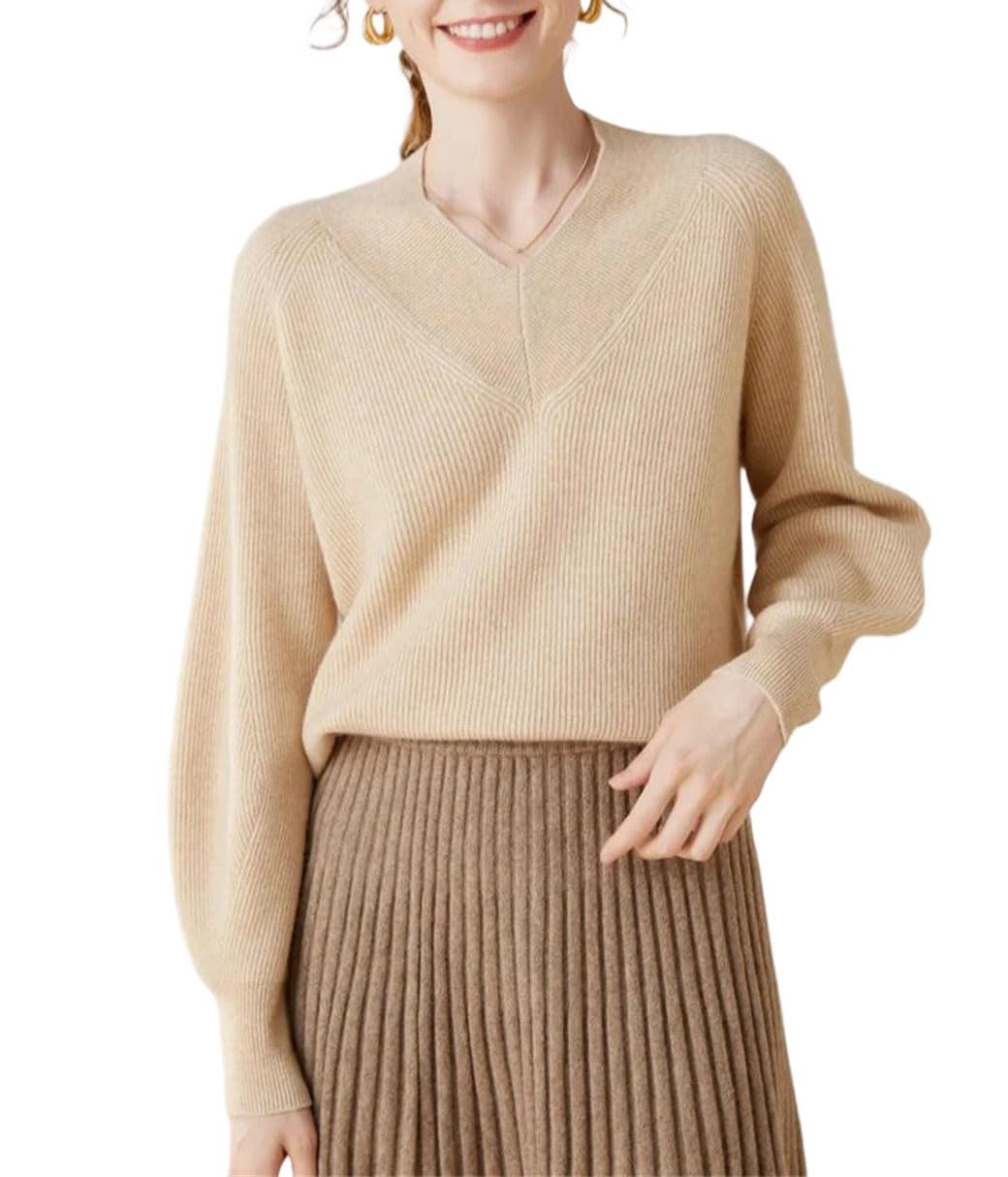 Womens Cashmere Sweater Pullover V Neck Balloon Sleeve Casual Loose Fit Simple Spring Tops