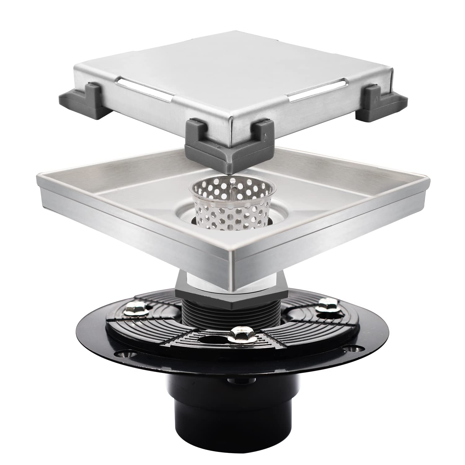 micmiSquare Shower Drain, 6 Inch Floor Drain with Adjustable Quadrato Pattern Grate, PVC Shower Drain Base and Rubber Gasket, Hair Strainer, Brushed Nickel 304 Stainless Steel (with Flange)