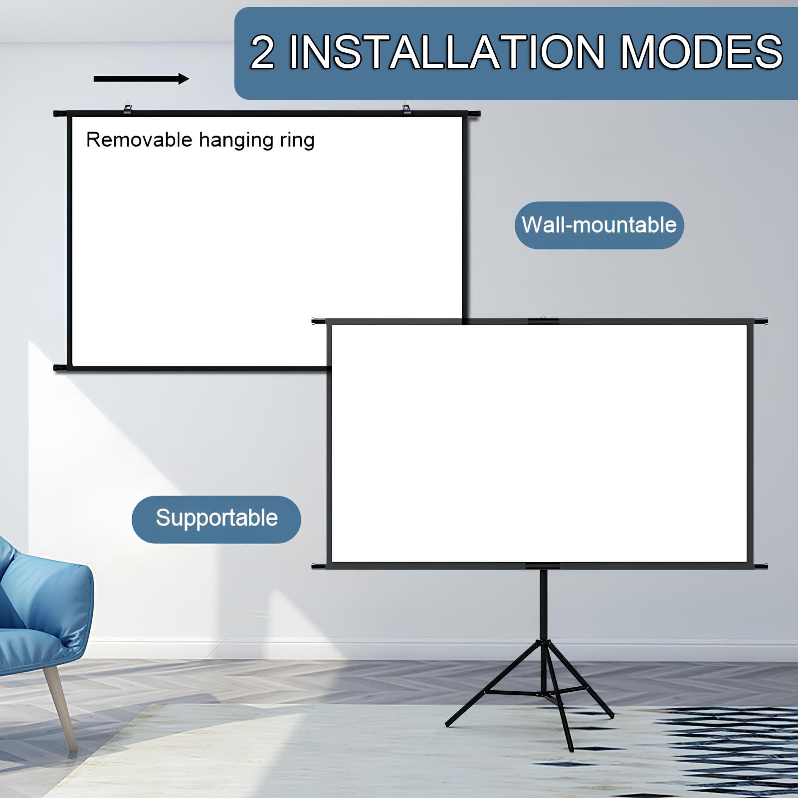 Schermi di Proiezione Esterno con Supporto, 100/120Pollici 16:9, Alto Guadagno Telo Proiettore, Immagine 4K per Home Theater e Campeggio(84inch(16:9))