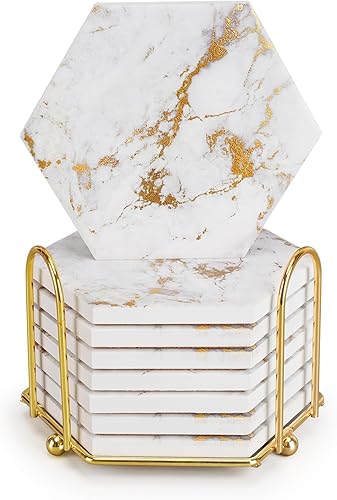 Posavasos dorados, juego de posavasos de mármol para protección de mesa, 8 posavasos con soporte de metal, decoración del hogar, posavasos de bar