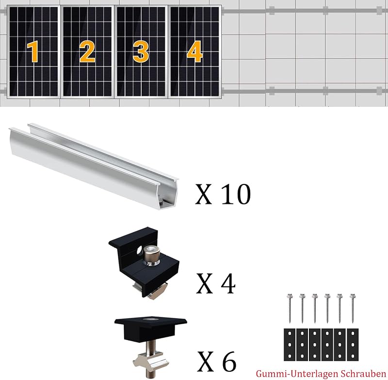 Sistem de montare panouri fotovoltaice Warmfay pentru acoperiș plat, șină de montaj din aluminiu 12 cm, clemă reglabilă neagră 30-35 mm, pentru acoperiș trapezoidal cu 4 panouri