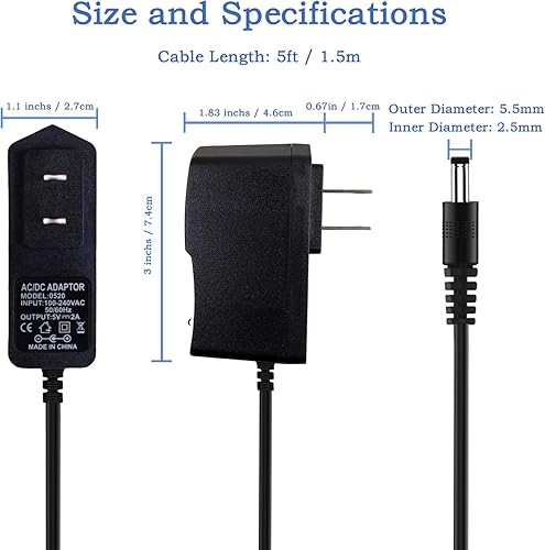 Miniatura 6 de Adaptador de corriente de 5 V 2 A con cable de alimentación de CC, convertidor de 100-240 V CA a CC 5 V 2 Amp, enchufe de 0.217 x 0.098 in0.083 in