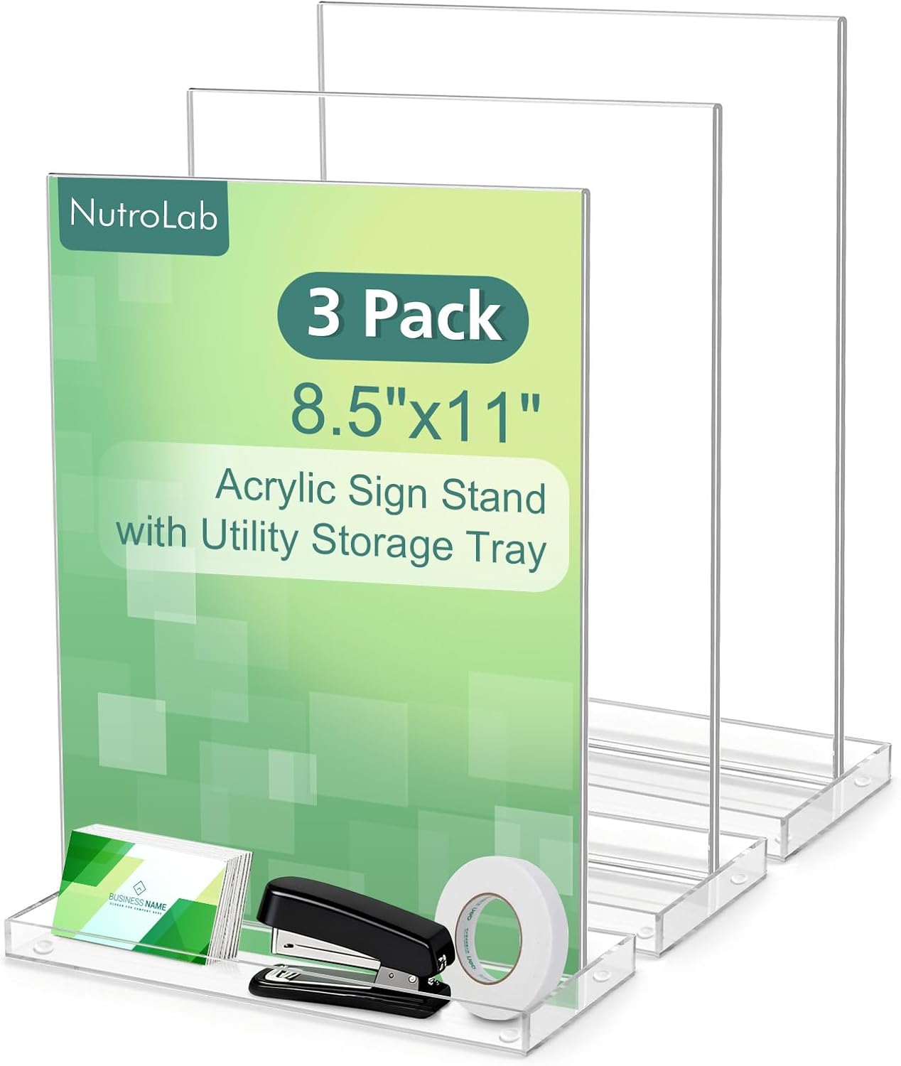 3 Pack Acrylic Sign Holder with Built-In Storage Tray, 8.5 x 11 Double-Sided Vertical Display Stand, Clear Tabletop Menu & Flyer Holders for Restaurant, Office, Front Desk, Retail Store, Trade Show