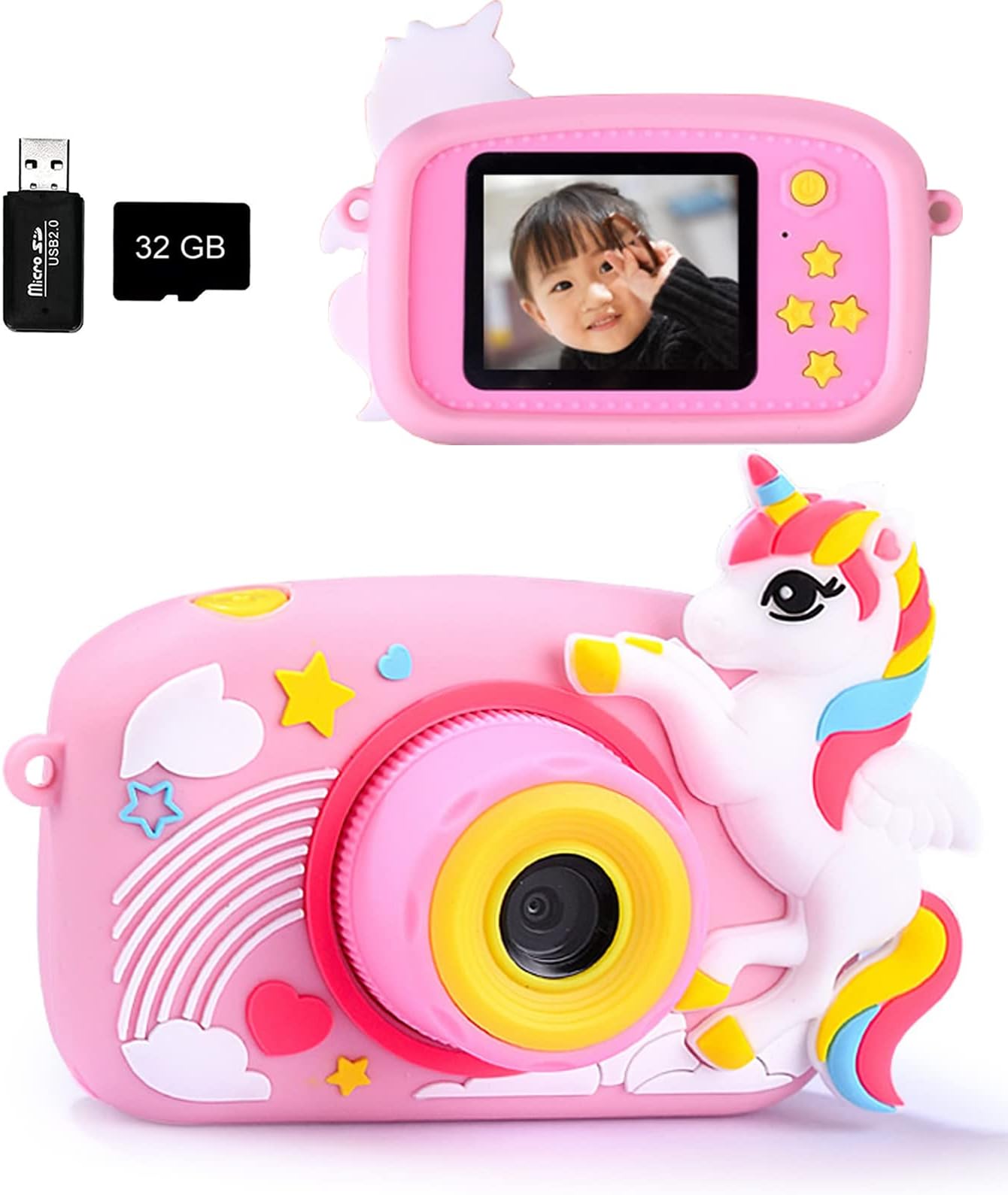 Kids Digital Camera Toys for Toddler Kids Girls Boys 3-12 Years Christmas Birthday Gifts Video Players with Unicorn Design Soft Silicone 32GB SD Card (Pink)