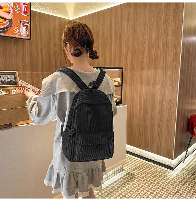 HOKMAH Women's Corduroy Backpack Shoulder Bag - Vintage Bookbag Shoulder Bag Mori Kei Aesthetic Large Capacity Travel Daily (black)