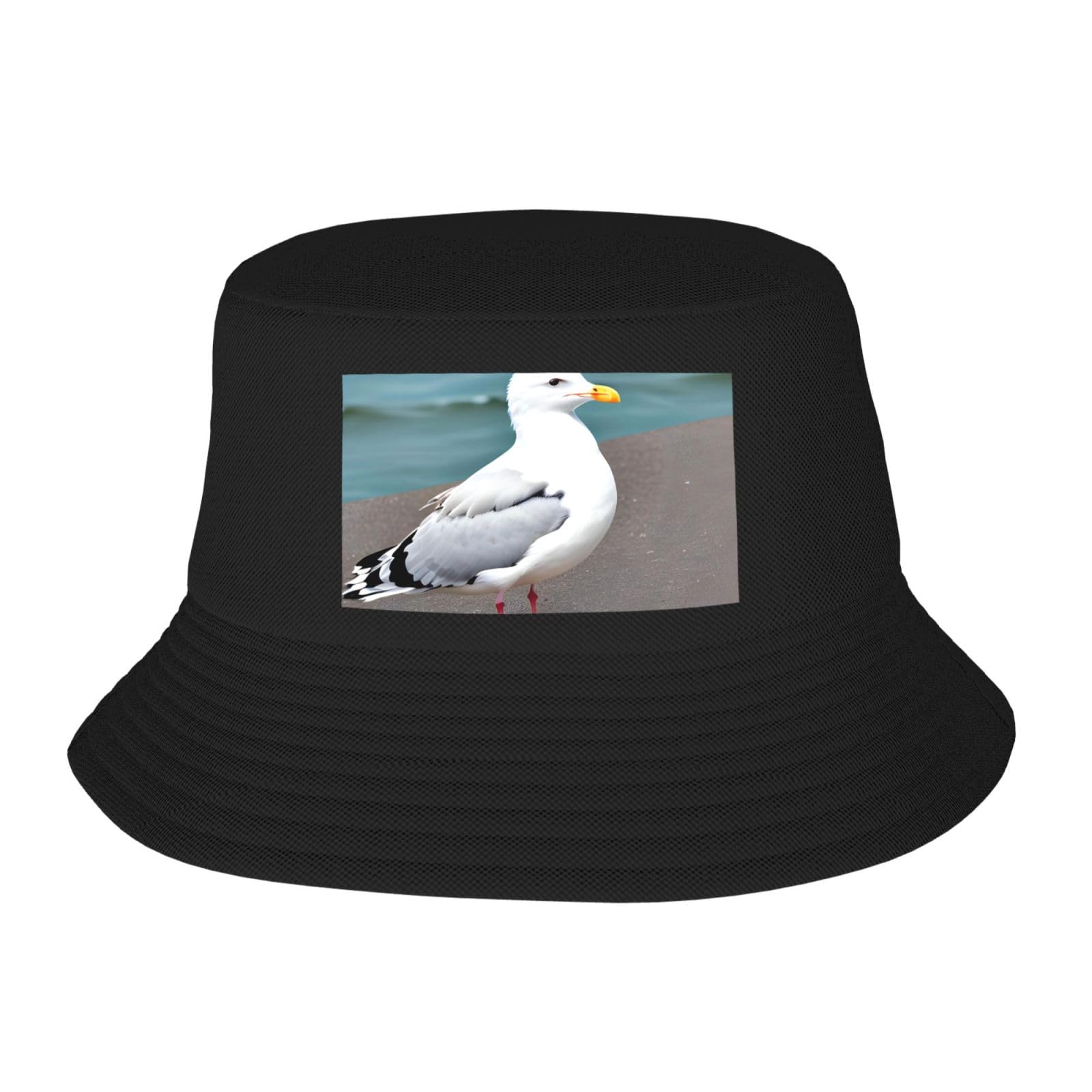 Mkgohlg Unisex Black Cute Seagull Printed Adult Fisherman's Hat For Men And Women Foldable Headwear For Outdoor Activities