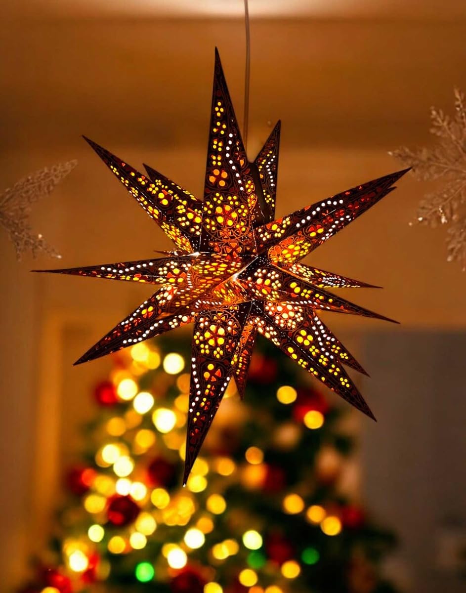 MoreThanHip 3D Weihnachtsstern Jaipur, orange/gelb, Ø60cm, 18 Zacken, handgefertigter Papierstern, Herrnhuter Stil, inkl. 3m Kabel (ohne Lampe), für Weihnachtsdeko