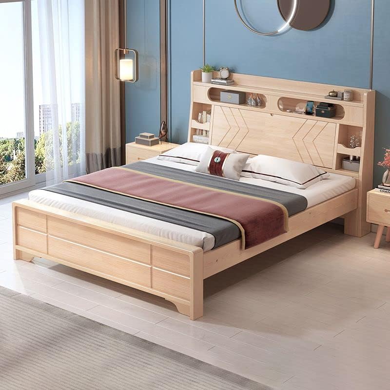 CraftThink Modern Pine Wood Bed Frame Bookcase Standard Bed in Natural, Single Bed for Bedroom Boys Girls- Size: Queen, Wood Headboard (Without Faux Leather), Bookcase (Without Pull-Out Storage)