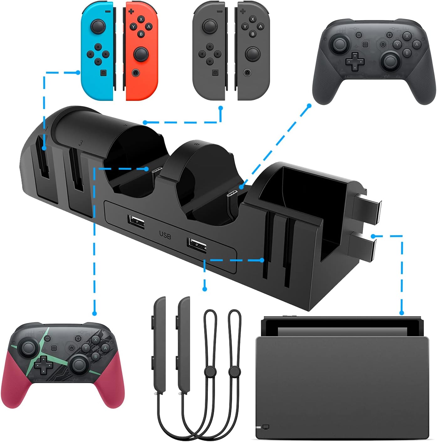 Charger Dock for Nintendo Switch Joy-con and Pro Controller, Charging Station Replacement Accessories for Nintendo Switch Controller