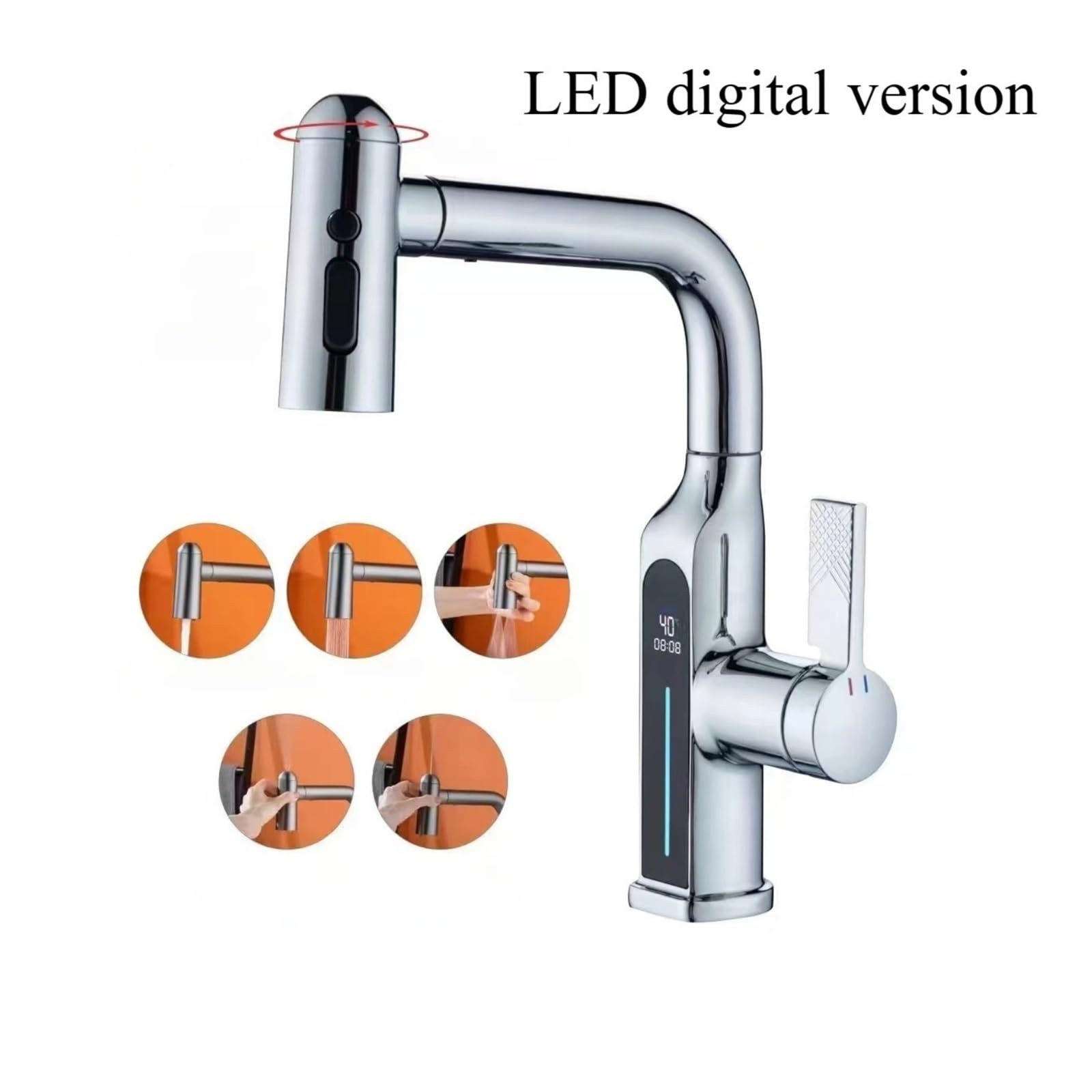 Rubinetto per bagno estraibile, miscelatore per lavabo a cascata a 5 modalità con display a LED, montaggio da seduto,Controllo del flusso