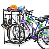 Bike Storage Rack for Garage, 3 Bicycle Floor Parking Stand, Free Standing Bike Rack and Sports Organizer for Road, Mountain, Hybrid or Kids Bikes