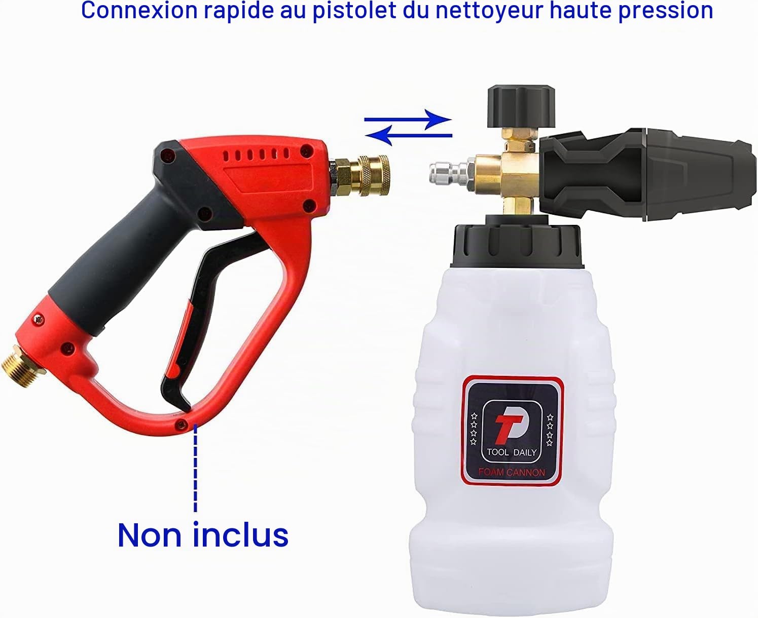 Tool Daily Canon à Mousse, Raccord Rapide 1/4" (6.35 mm), Lance à Mousse pour Nettoyeur Haute Pression avec 5 Buses, Capacité 1 Litre