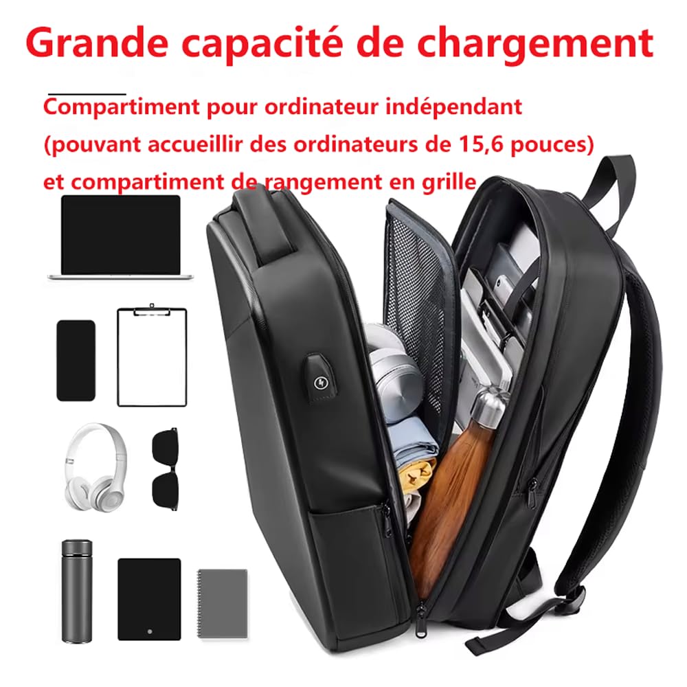 XINYASEE Sac à dos ordinateur 15,6" antivol serrure étanche business noir | Sac à dos antivol pour ordinateur portable，Port de chargement USB, étanche, 15,6 pouces, homme, voyage, travail, études