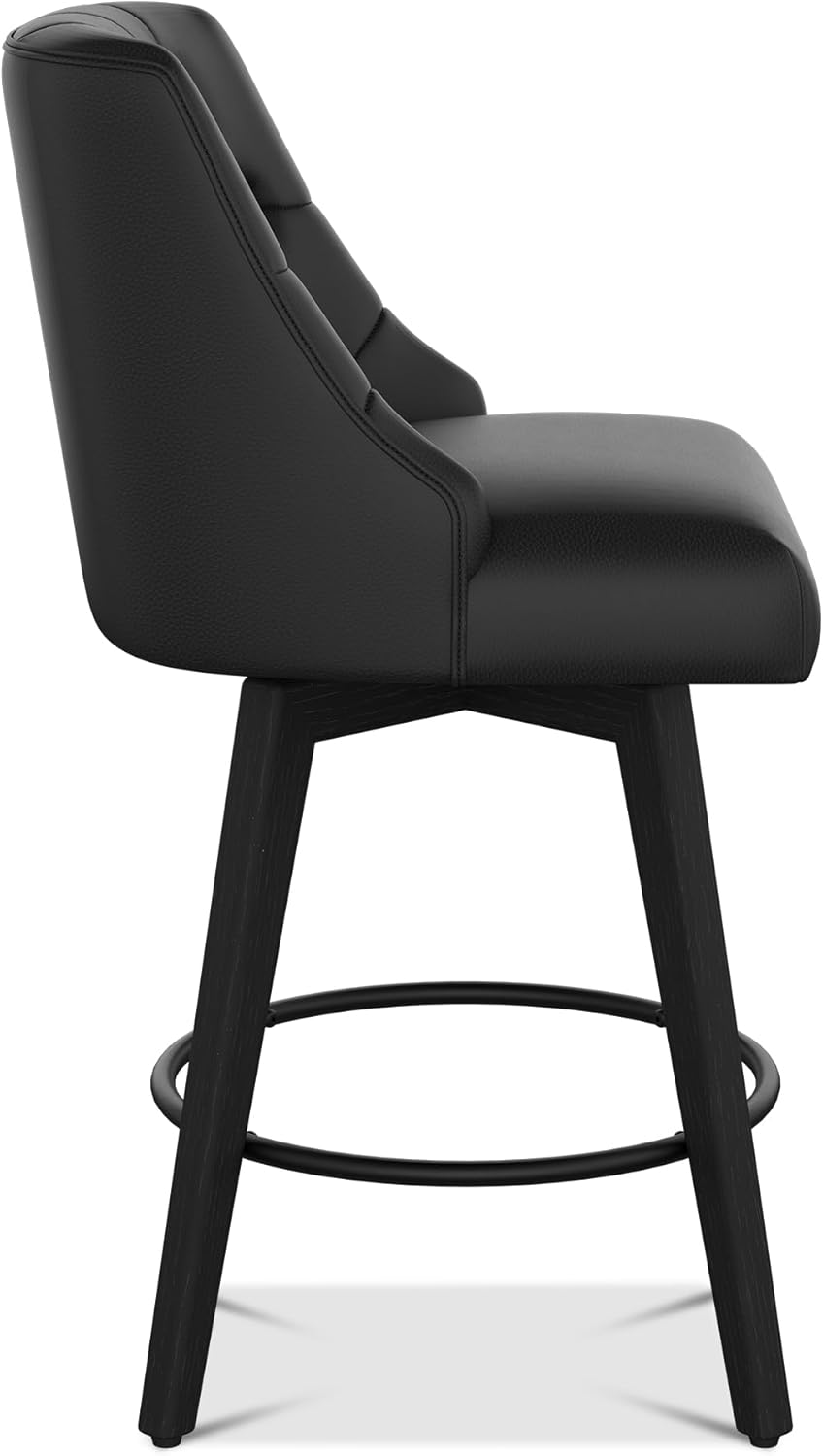 Counter Height Bar Stool, 26.8“H Swivel Leather Barstool with Back and Solid Wood Legs, Counter Height Stool for Kitchen Island, Home Bar Pub, Black Grey
