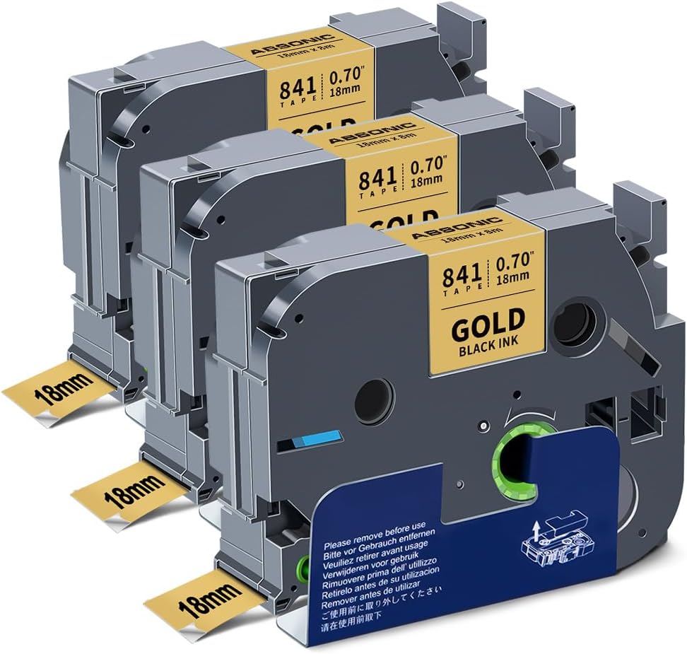 Absonic 3-Pack 18mm 0.7" Black on Gold Label Tape Compatible for Brother Tze-841 Tze841 Tz-841 Tz841 3/4" P Touch Tze Tz Tape 18mm Gold Label Maker for PTD410 PTD460 PTD610BT PTD400 PTP710BT PTP700