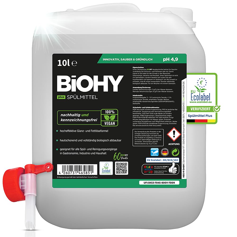 BiOHY Spülmittel Plus (10 Liter Kanister) + Auslaufhahn| Bio Flüssig-Konzentrat für Geschirr mit EU Ecolabel| Extra Kraftvoller Fettlöser| für Spülmittelspender| Umweltfreundlich & Biologisch Abbaubar