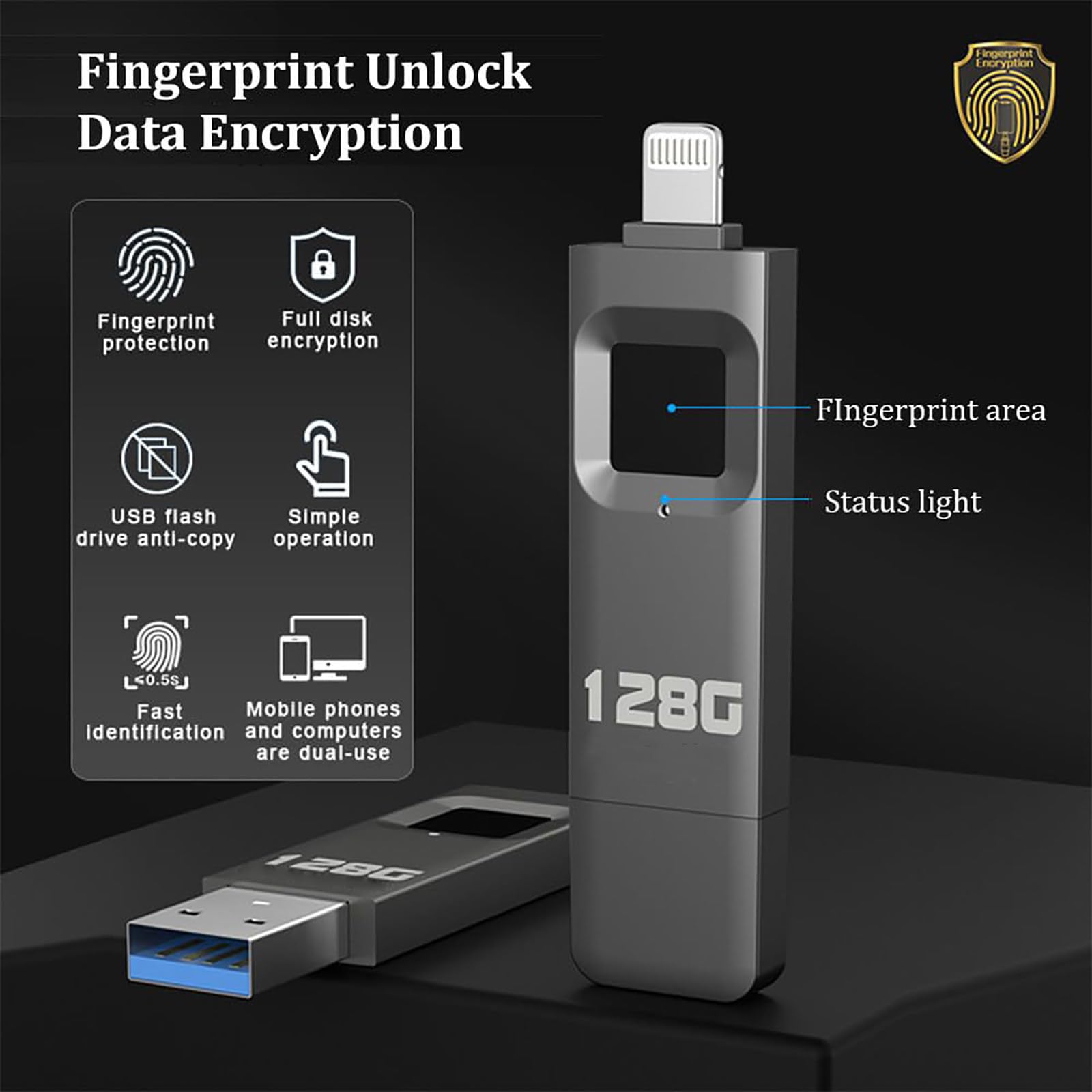 Chiavetta USB Da 64GB/128GB/256GB/512GB, Con Crittografia Tramite Impronta Digitale, Trasferimento Ad Altissima Velocità Di 29 Mb/S, Interfaccia Ligh-tning + USB, Supporta 60 Impronte Digitali 128GB