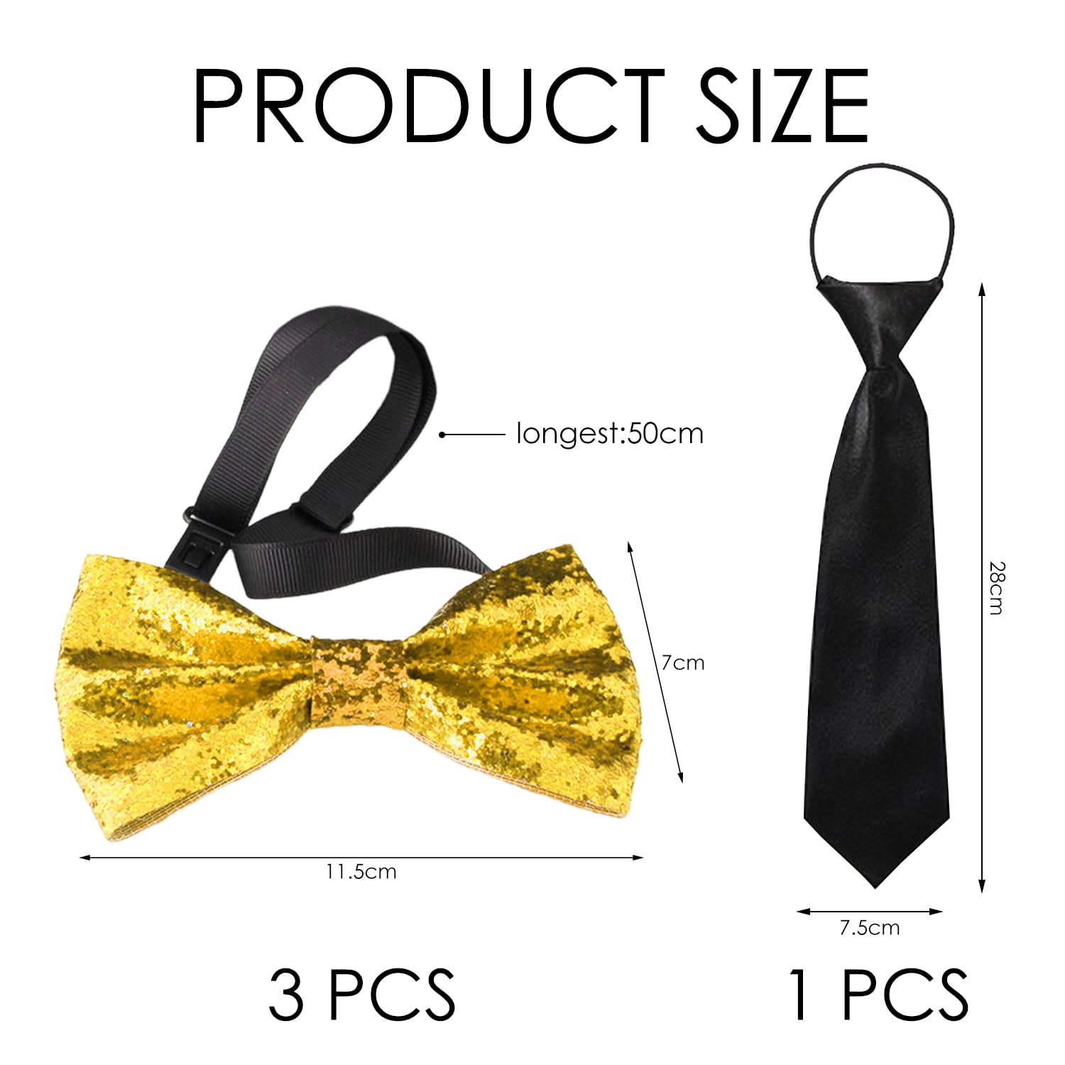 3 Pieces Bow Tie, 1 Piece Black Tie, Glitter Sequin Bow Tie, Men'S Gown Bow Tie, Adjustable Bow Tie, Party Dance Costume Decoration - Image 2