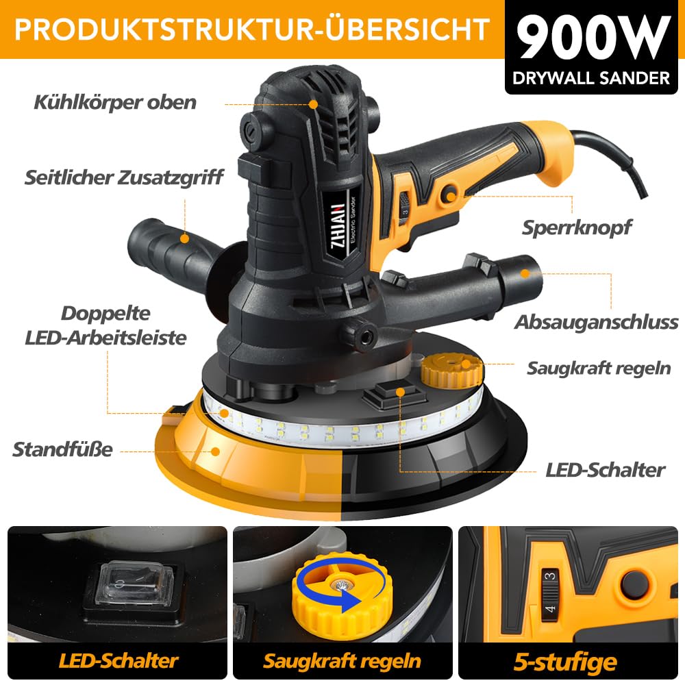 900W Trockenbauschleifer,1400-2700RPM Elektroschleifmaschine für Wände,LED-Licht,Staubbeutel,Schlauch,Tellerschleifer mit 5 variable Geschwindigkeiten,Grob-/Feinschliff, 12 Stück Schleifscheibn