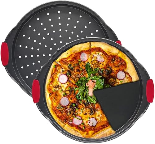 VDGPWA Bandeja de pizza antiadherente de 12 pulgadas, con mango de silicona, acero al carbono sin agujero y con agujero, bandeja para pizza, bandeja