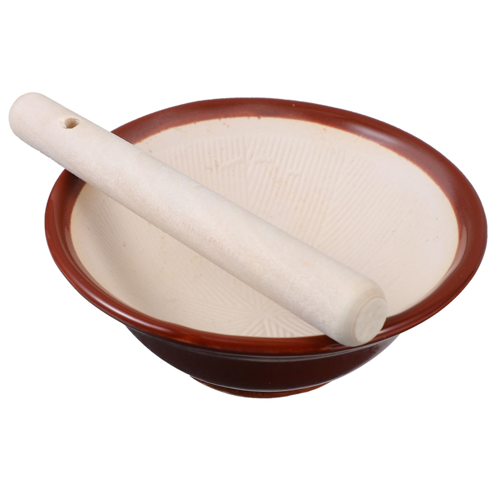 Bol à Broyer en Céramique Marron Bâton en Bois Cuisine