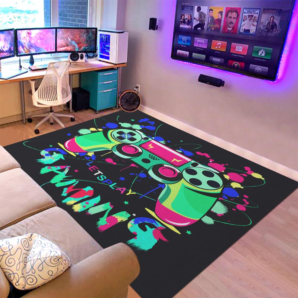 Gaming Area Rugs for Boys Teens Bedroom Playroom Games Rug Room Decor, Colorful Controller Gamepad Video Gamer Bedroom Living Room Carpet for Teens