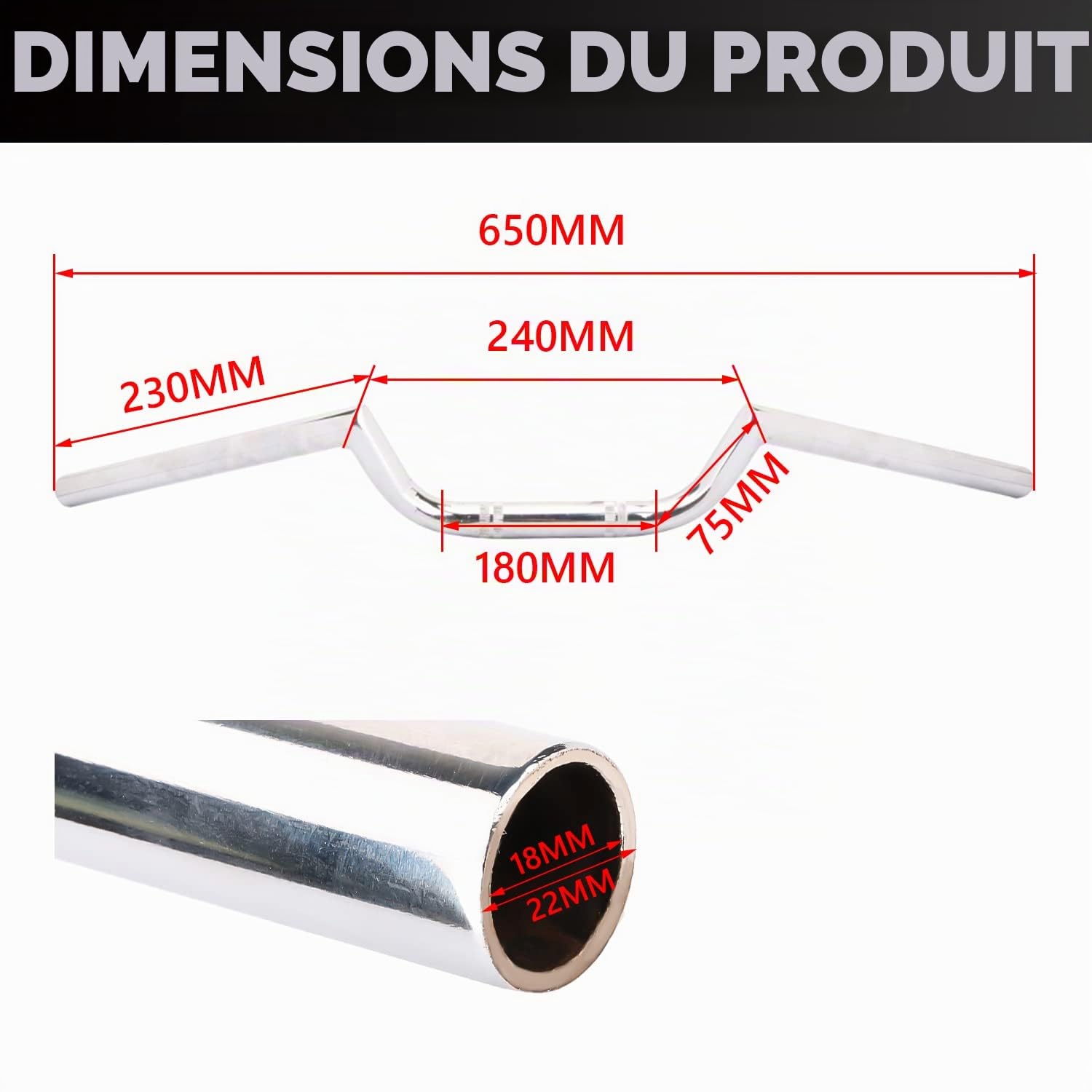 AnXin Guidon de Moto 7/8" 22 mm Haut Universel pour Cafe Race Bobber Motocross Dirt Pit Bike ATV Ebike Mini Bike Argent