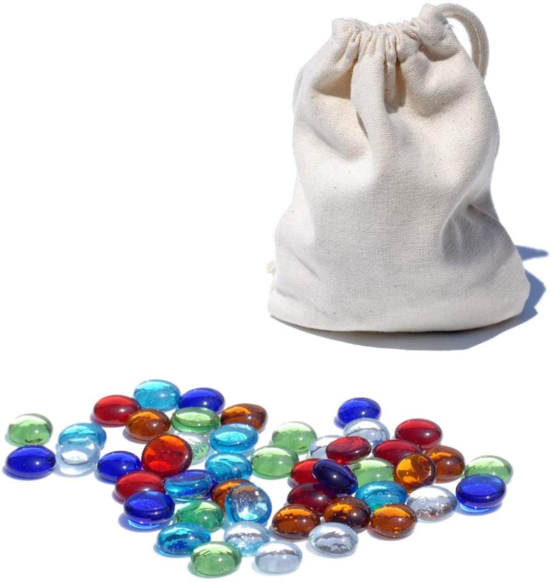WE Games Replacement Glass Mancala Stones, 48 Pcs - 0.5-Inch Flat Assorted Colors, with Cloth Drawstring Bag – Travel-Friendly Two-Player Board Games