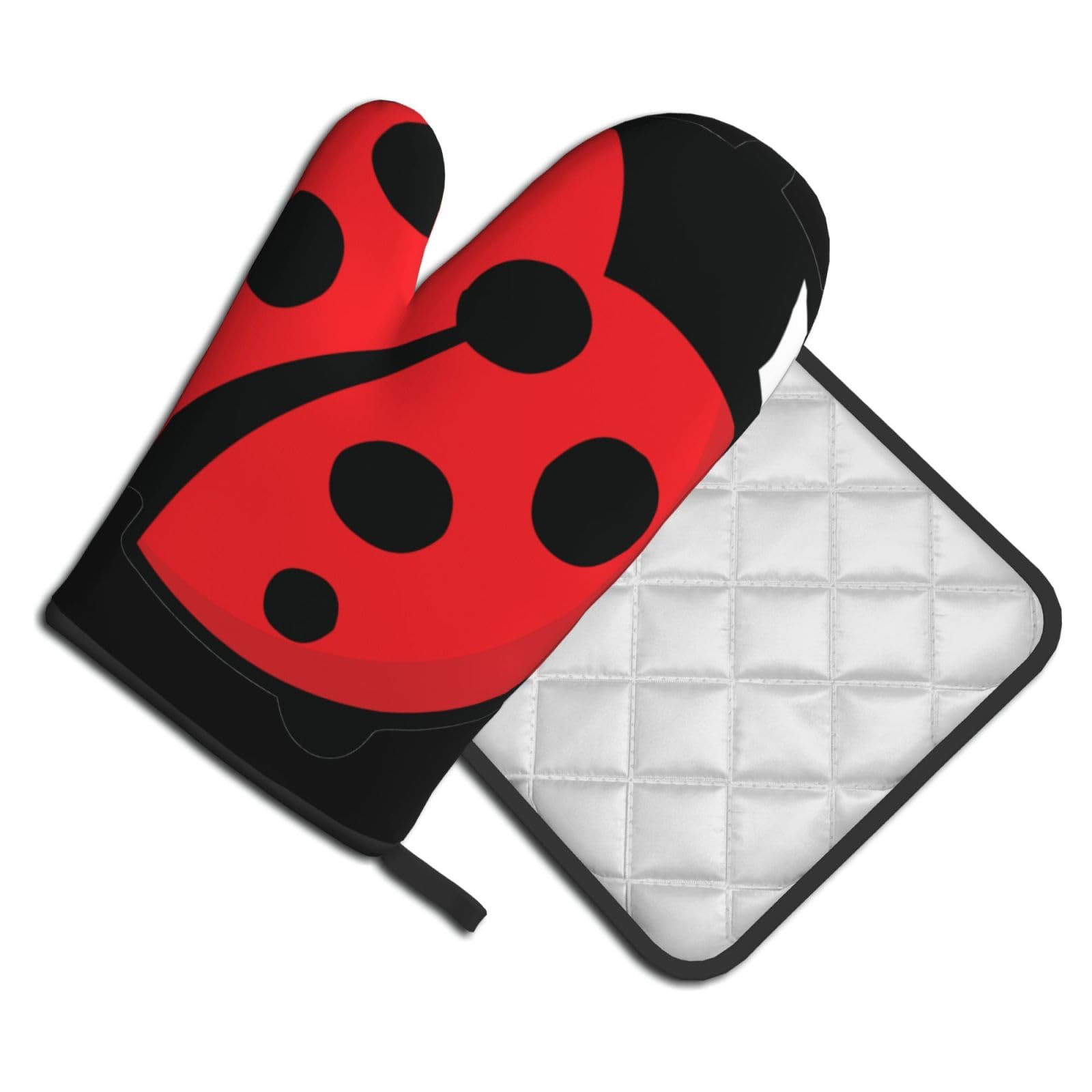 Oven Mitts and Pot Holders Set of 2 Pcs, Cartoon Ladybug Printed Heat Resistant Kitchen Gloves Potholders for Cooking Baking Grilling