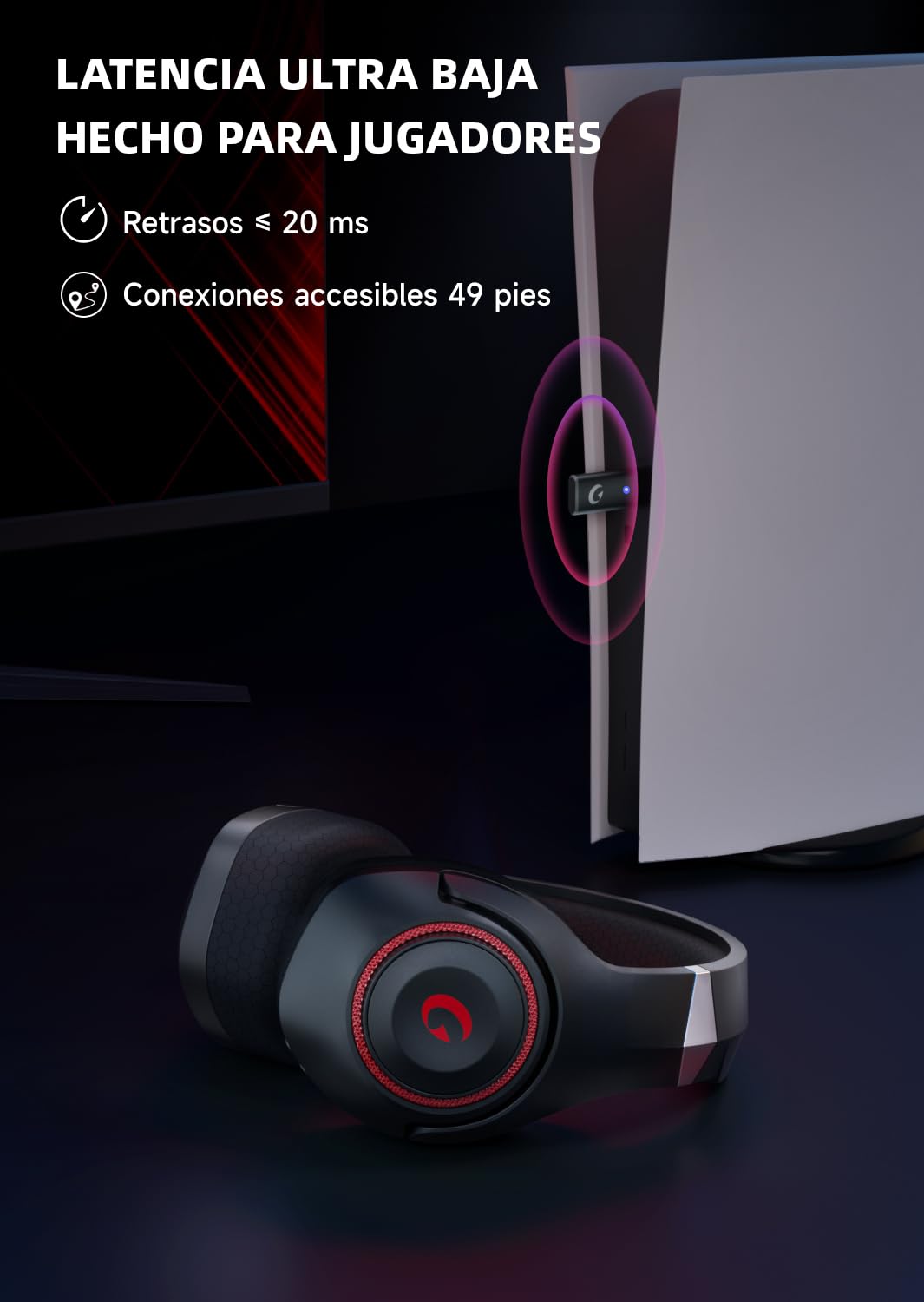 KAPEYDESI Cascos Gaming, 2,4 GHz Auriculares inalámbricos Gaming para PS5/PS4 /PC/Mac, Auriculares Inalámbricos Bluetooth 5.2 con Micrófono, Conector de 3,5 mm para Auriculares con Cable, Rojo