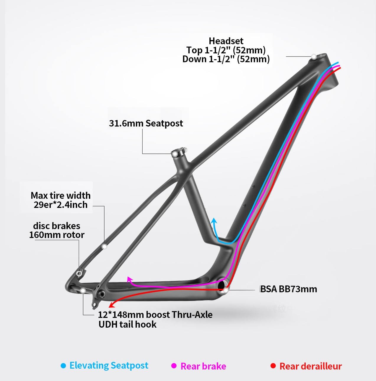 Rama z włókna węglowego typu hardtail, 29 sztuk, 15,4/16/18/19,5 cala, hamulec tarczowy, 12 x 148 mm, oś wtykowa, Boost BSA BB73 mm, wewnętrzna prowadnica kabla maks. 2,4 cala (S-15,4)