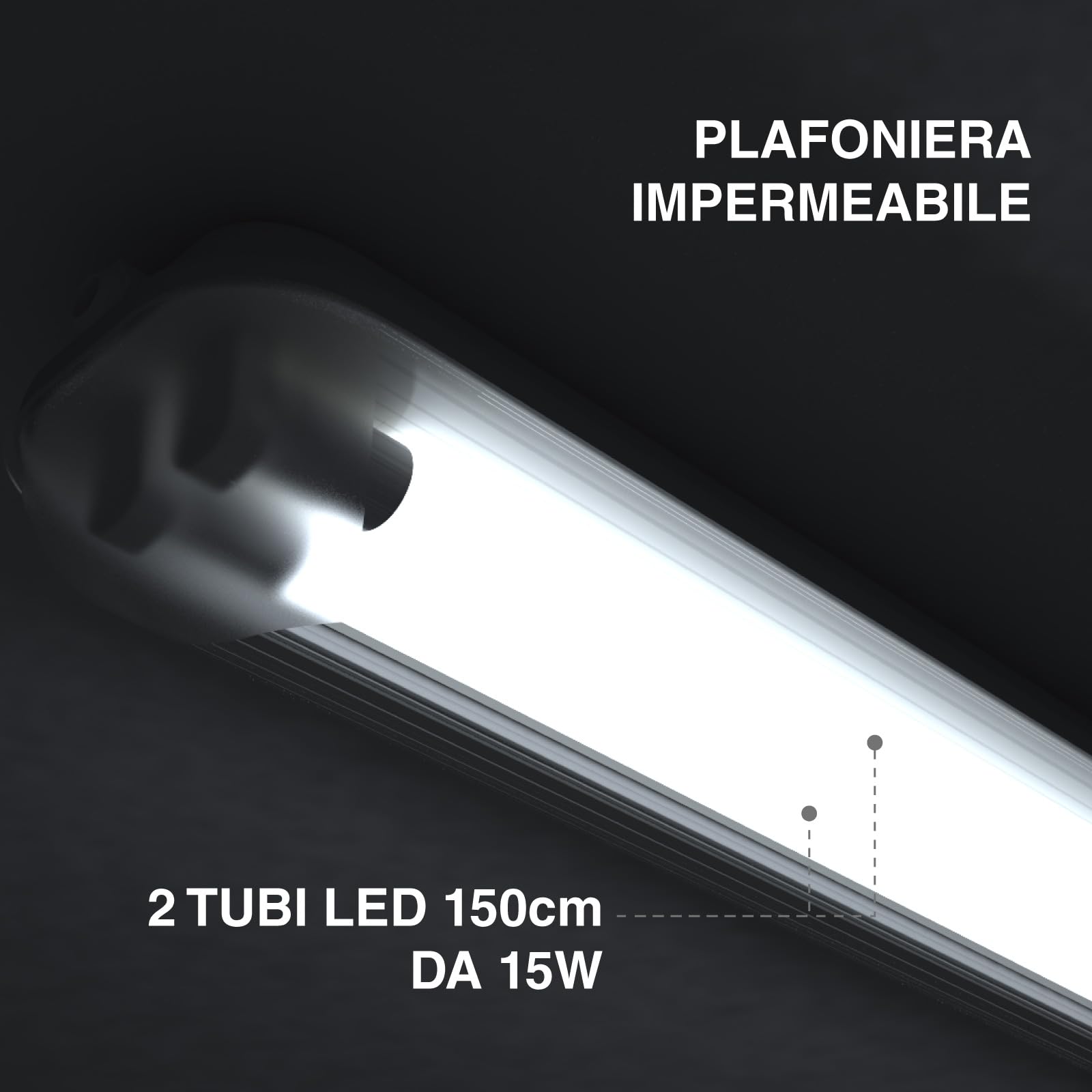 Eurocali Plafoniera LED 150 cm con 2 Tubi 30W 4800 lumen Professionale Impermeabile IP65 Doppio Neon LED T8 - Luce Bianco Freddo 6500K - Industriale - Sostituzione Neon