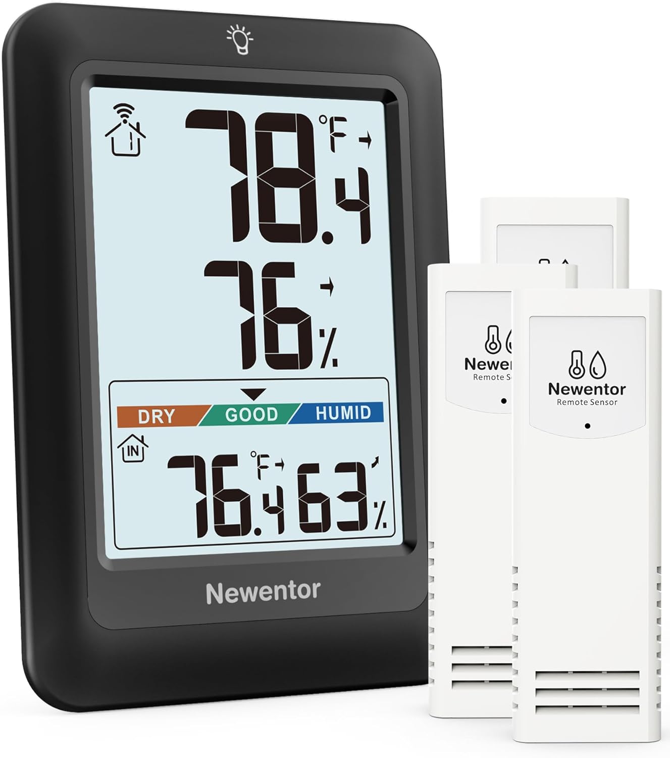 Newentor Indoor Outdoor Thermometer Wireless, Weather Stations Wireless Indoor Outdoor, Outdoor Thermometers for Patio House, Outside Inside Thermometers with Comfort Indicator, Black with 3 Sensors