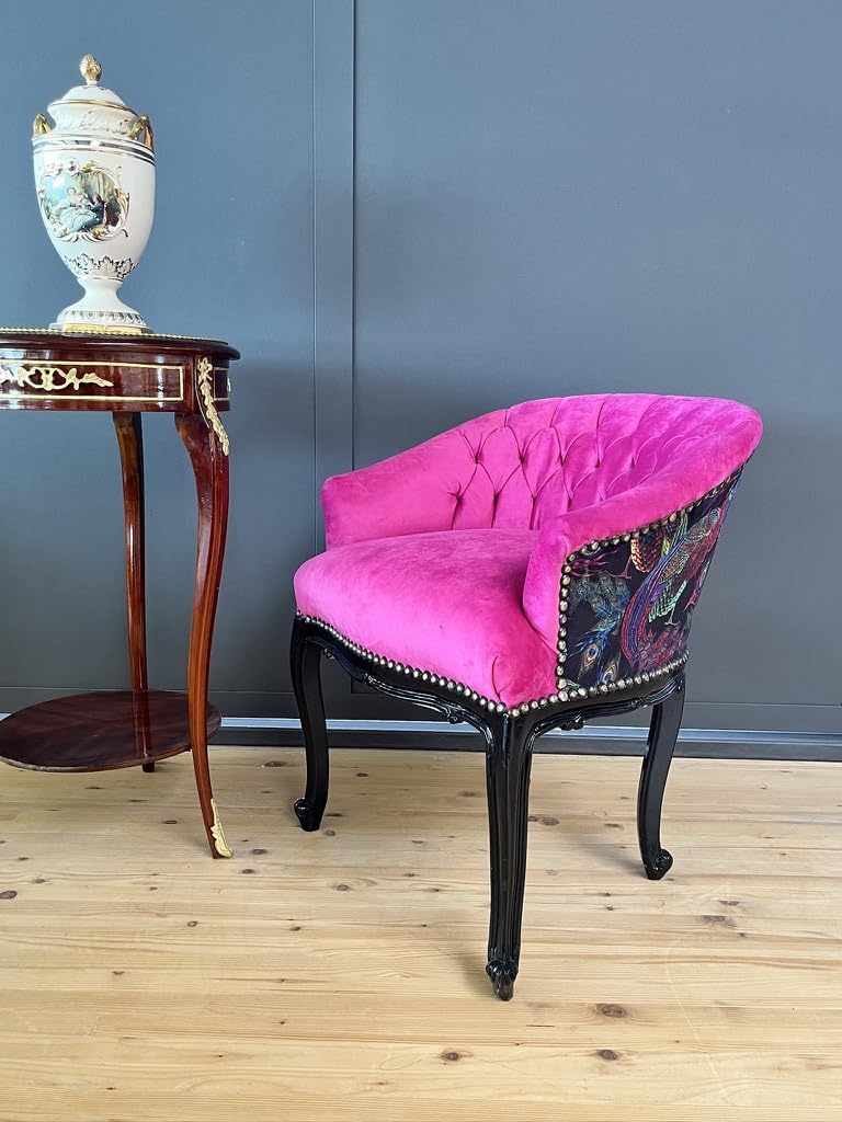 CasAmin Home & Living Cocktailsessel im Französischen Barockstil, Fuchsia Farbe Samt, Nostalgischer Barstuhl, Getufteter Samt Hot Pink für die Inneneinrichtung des Wohnzimmers