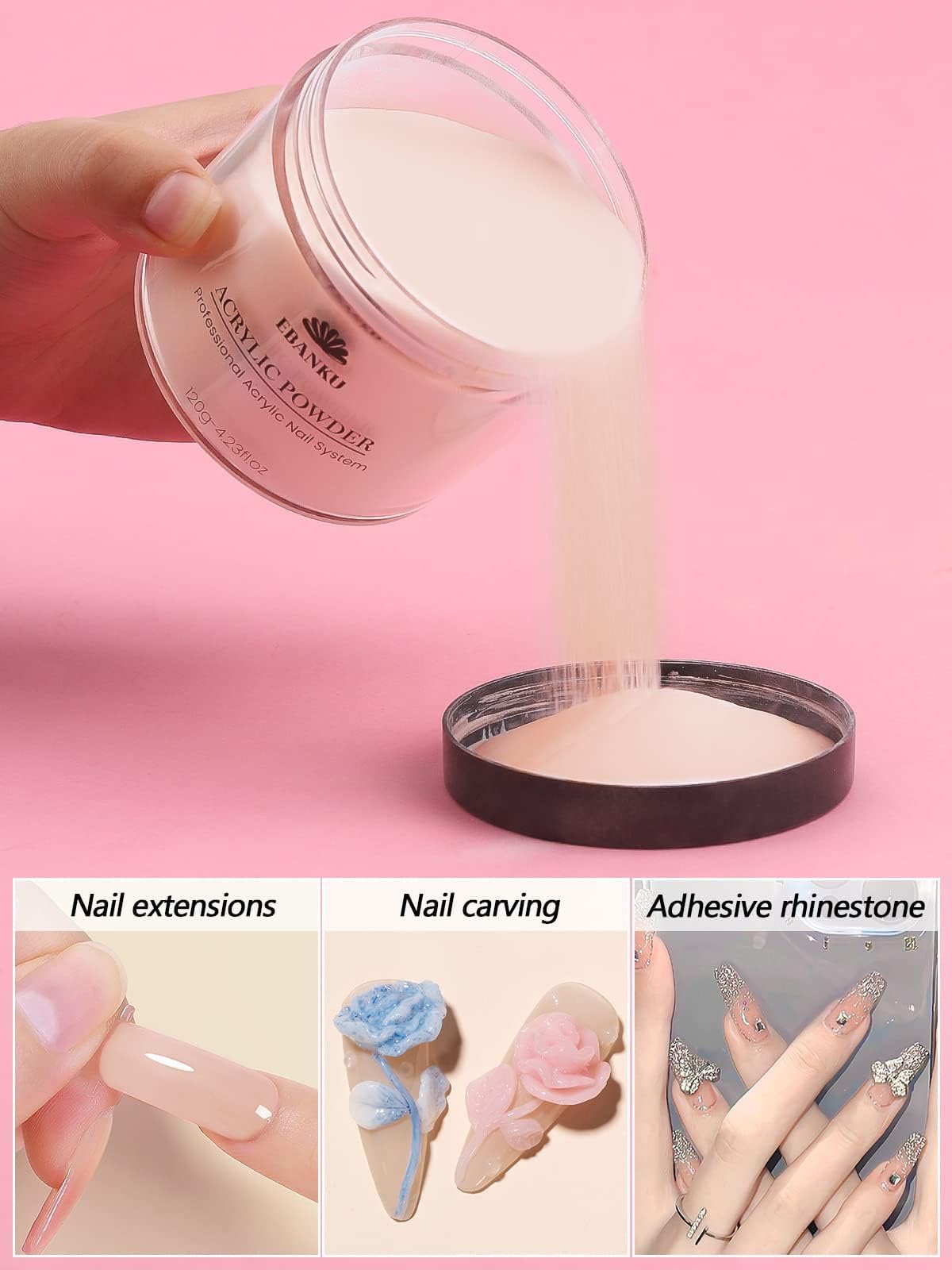 EBANKU - Polvere acrilica rosa 120 g/4,23 oz, polvere acrilica professionale di grande capacità per estensione e intaglio delle unghie in acrilico, lunga durata, nessuna lampada per unghia