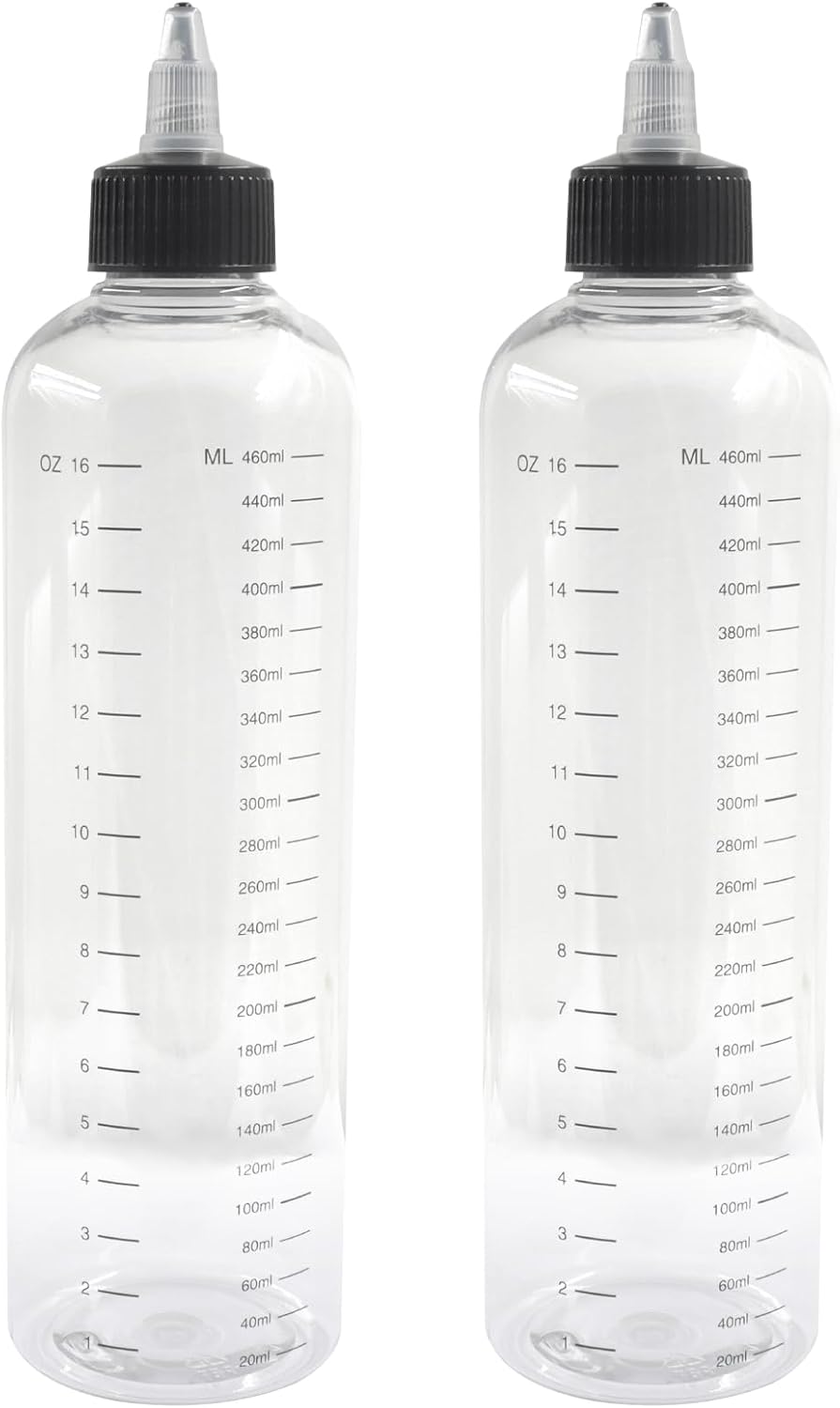 2Pcs Hair Dye Applicator Bottle, 16.9oz Measured Twist-On Top Tip Cap Hair Color Squeeze Bottle 460ml, Transparent Dyeing Tool for Hair Coloring/Salon Professionals
