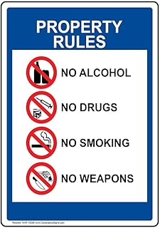 ComplianceSigns.com Property Rules No Alcohol No Drugs No Smoking No Weapons Label Decal, 7x5 inch Vinyl for Alcohol/Drugs/Weapons, Made in USA