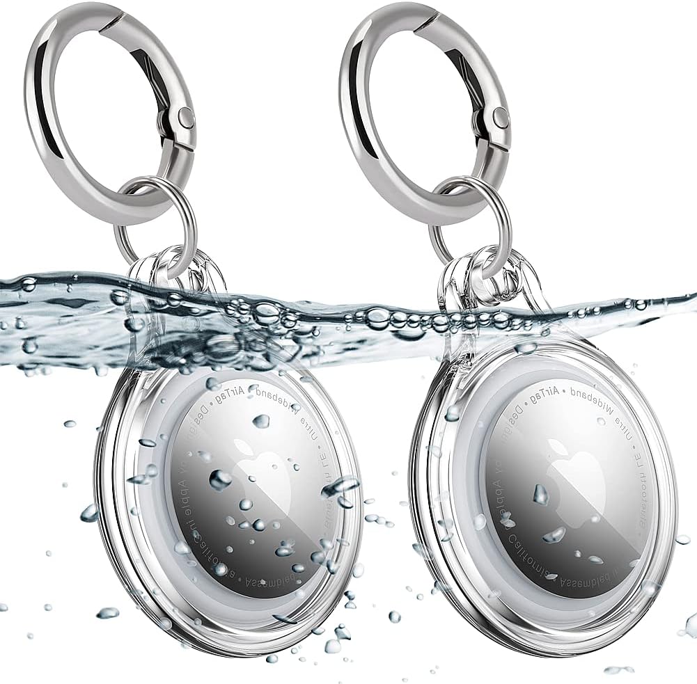 COOLQO 2 Pack IPX8 Waterproof 3M (10ft) Performance Air Tag Keychain Holder Case Compatible with Apple AirTag Case, for Dog cat Collar Tracker Key Ring Hard Shockproof Locator Protective Cover Clear