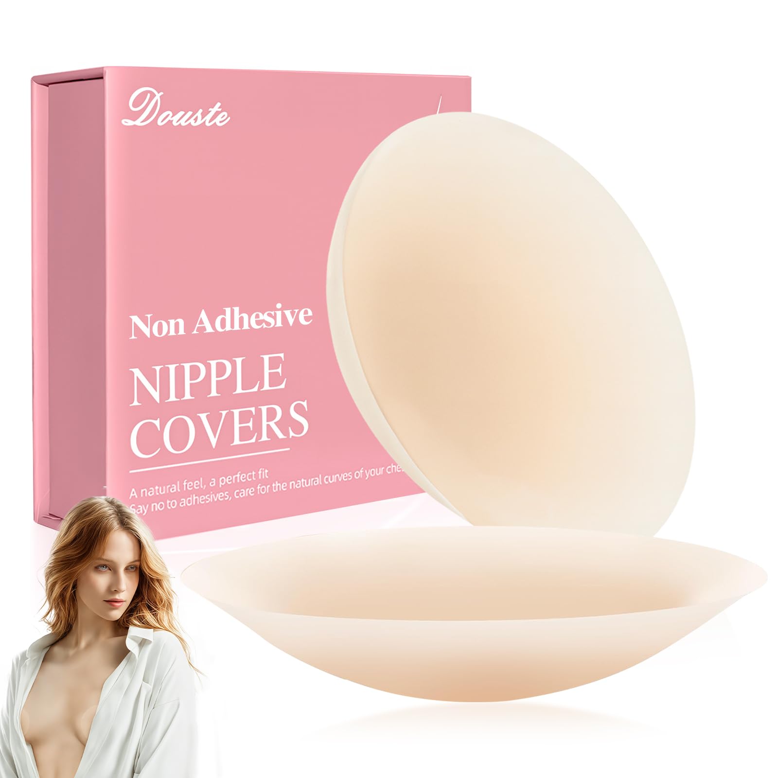 Douste Nipple Covers No Show, No Sticky Reusable Silicone Nipple Pasties Bra, Grippy Breast Covers with Travel Box, Light Skin, Medium(Fits AA-A Cups)