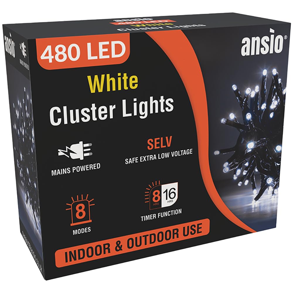 Ansio Cool White Ansio® Christmas Lights 480 Led 6M/20Ft Cluster Christmas Tree Lights For Indoor & Outdoor Decorations Fairy Lights With Timer For Xmas Garden Bedroom & Party | Mains Powered Green Cable