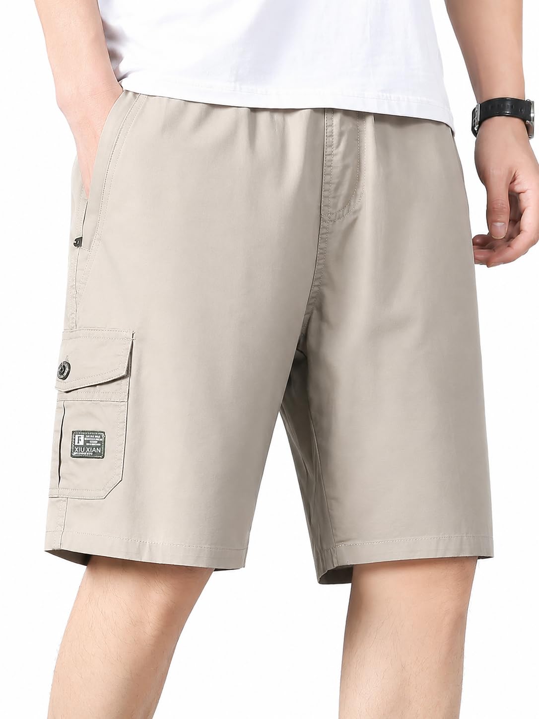 Men’s Cotton Cargo Shorts with Elastic Waist and Drawstring, Lightweight Breathable Multi-Pocket Knee Length Casual Summer Outdoor Utility Shorts-picture-51